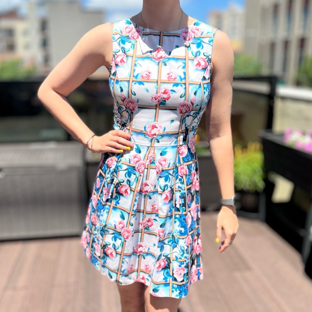 Concept Club Dress Womens XS Floral Sleeveless A Line Knee Length Blue/White